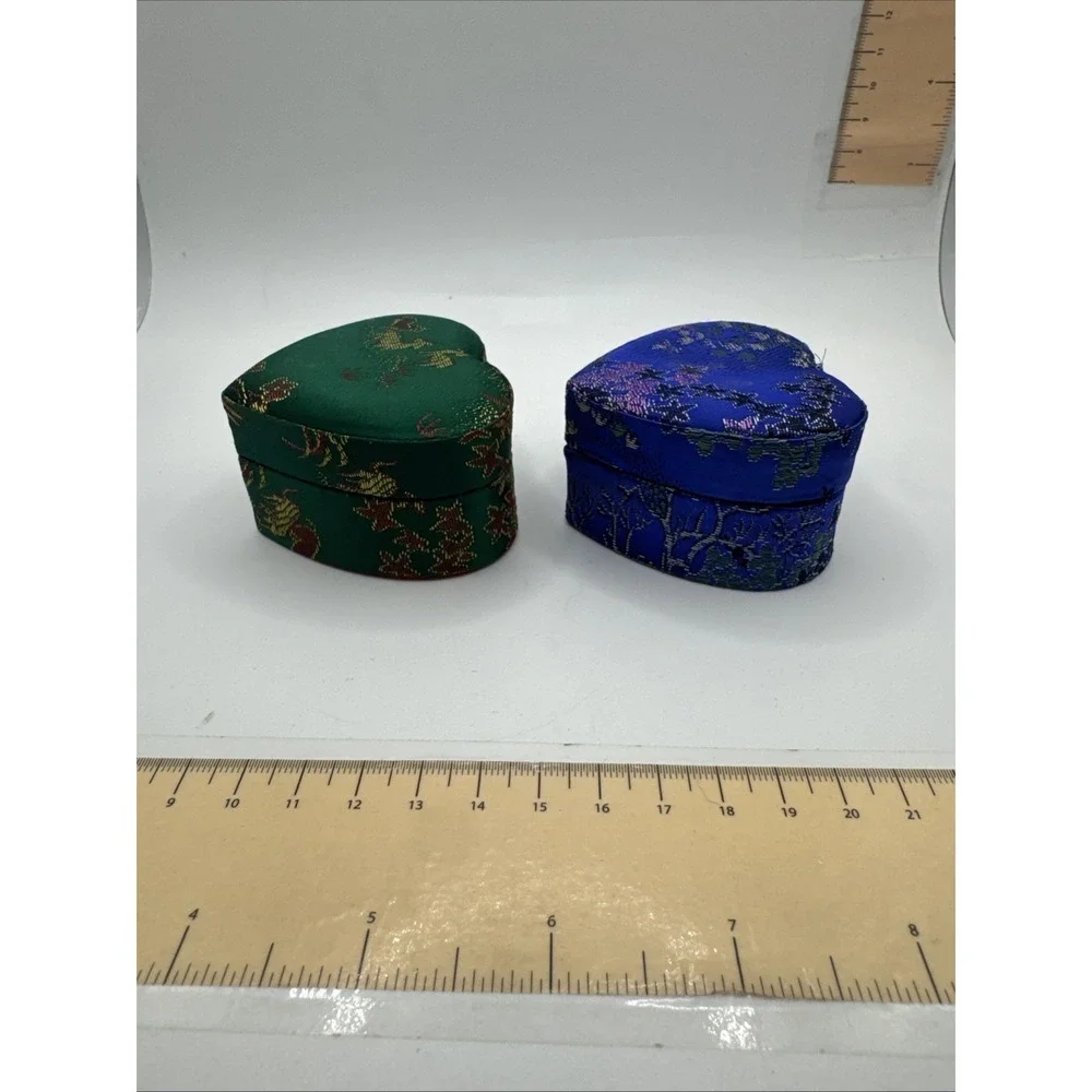 Set Of 2 Asian Ring Jewelry Box Compact Fabric Floral Portable - Heart Shaped